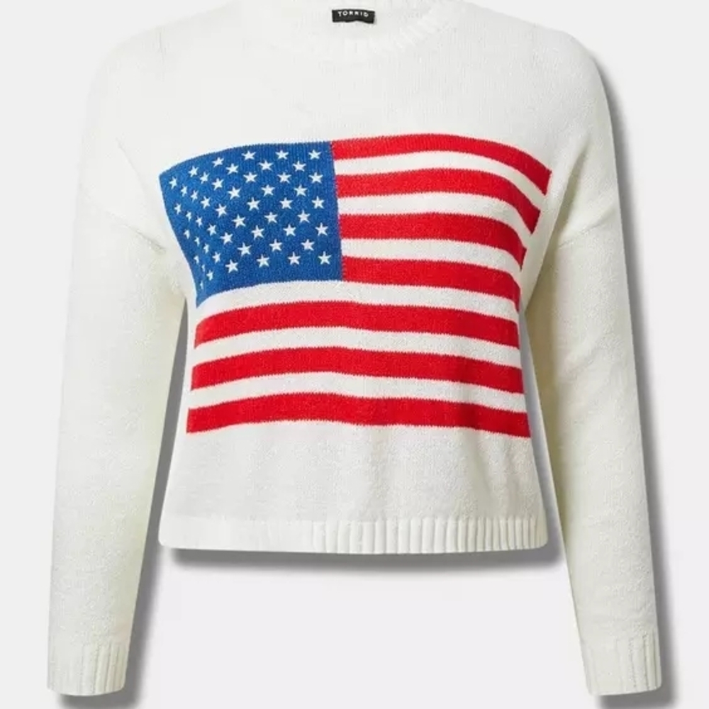 TORRID White Crewneck Sweater with Red White & Blue American Flag Graphic - Picture 5 of 15